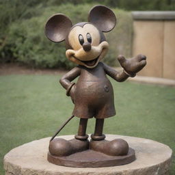 An iron-cast sculpture of Mickey Mouse, with a rustic patina showcasing its solid, detailed construction