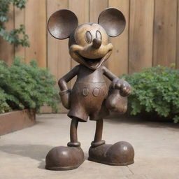 An iron-cast sculpture of Mickey Mouse, with a rustic patina showcasing its solid, detailed construction