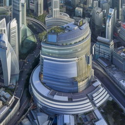 A daytime aerial view of the impressive Police Headquarters located in the heart of a bustling central business district, set amidst a landscape of towering skyscrapers and busied streets.