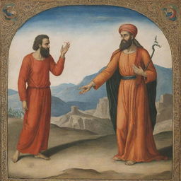 A striking depiction of a moment from religious texts, showing the temptation of Prophet Joseph (Yusuf) by a satanic figure, emphasizing the struggle between virtue and vice.