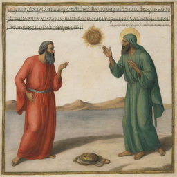 A striking depiction of a moment from religious texts, showing the temptation of Prophet Joseph (Yusuf) by a satanic figure, emphasizing the struggle between virtue and vice.