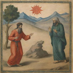 A striking depiction of a moment from religious texts, showing the temptation of Prophet Joseph (Yusuf) by a satanic figure, emphasizing the struggle between virtue and vice.