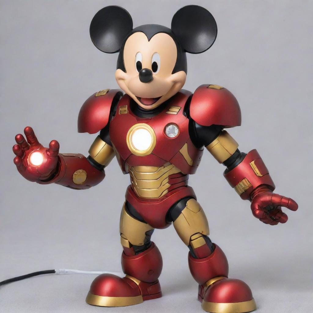 Mickey Mouse wearing a detailed Iron Man suit, complete with glowing arc reactor and sleek, red and gold armor