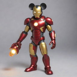 Mickey Mouse wearing a detailed Iron Man suit, complete with glowing arc reactor and sleek, red and gold armor