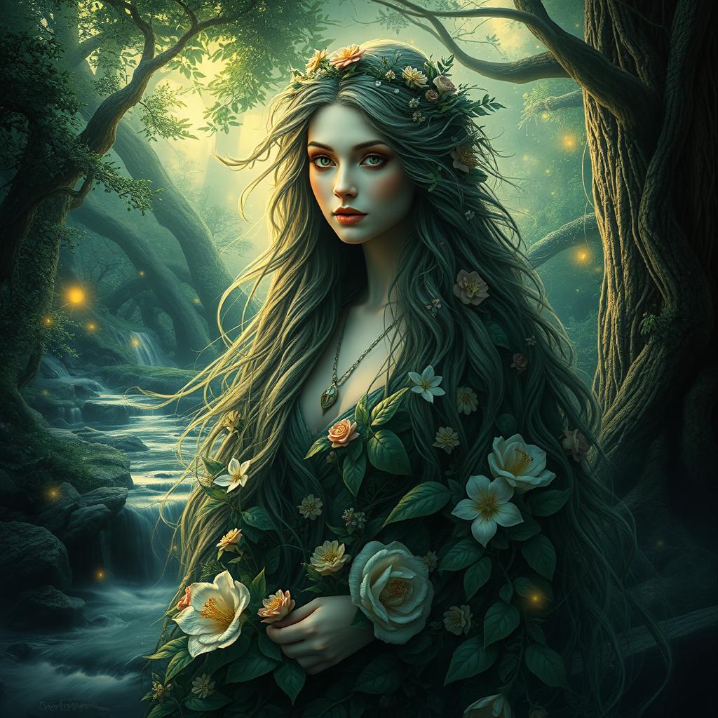 A captivating and enchanting depiction of a beautiful and mysterious Mother Forest, personified as a majestic and ethereal woman