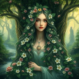 A captivating and enchanting depiction of a beautiful and mysterious Mother Forest, personified as a majestic and ethereal woman