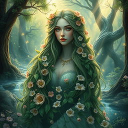 A captivating and enchanting depiction of a beautiful and mysterious Mother Forest, personified as a majestic and ethereal woman