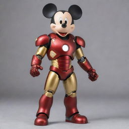 Mickey Mouse wearing a detailed Iron Man suit, complete with glowing arc reactor and sleek, red and gold armor