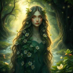 A captivating and enchanting depiction of a beautiful and mysterious Mother Forest, personified as a majestic and ethereal woman