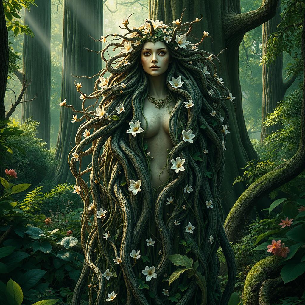 An incredibly detailed and hyper-realistic representation of a beautiful and mysterious Mother Forest, depicted as a majestic woman merging seamlessly with nature