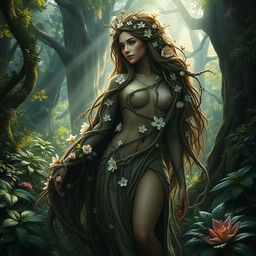 An incredibly detailed and hyper-realistic representation of a beautiful and mysterious Mother Forest, depicted as a majestic woman merging seamlessly with nature