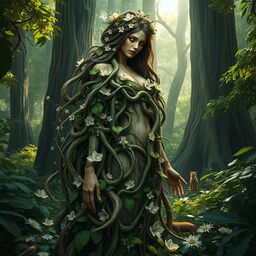 An incredibly detailed and hyper-realistic representation of a beautiful and mysterious Mother Forest, depicted as a majestic woman merging seamlessly with nature