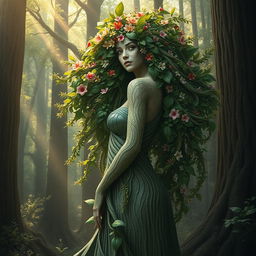 An awe-inspiring and hyper-realistic representation of a beautiful and mysterious Mother Forest, depicted as a majestic and ethereal woman