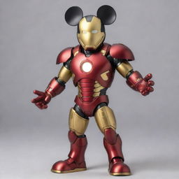 Mickey Mouse wearing a detailed Iron Man suit, complete with glowing arc reactor and sleek, red and gold armor