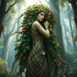 An awe-inspiring and hyper-realistic representation of a beautiful and mysterious Mother Forest, depicted as a majestic and ethereal woman