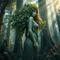 An awe-inspiring and hyper-realistic representation of a beautiful and mysterious Mother Forest, depicted as a majestic and ethereal woman