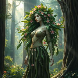 An awe-inspiring and hyper-realistic representation of a beautiful and mysterious Mother Forest, depicted as a majestic and ethereal woman