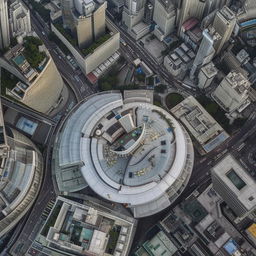 A daytime aerial view of the impressive Police Headquarters located in the heart of a bustling central business district, set amidst a landscape of towering skyscrapers and busied streets.