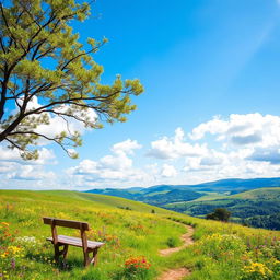 A serene landscape featuring a picturesque, sunny meadow with vibrant wildflowers in full bloom