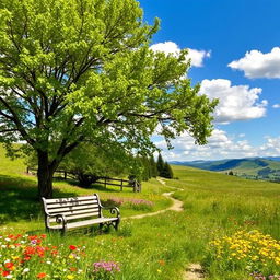 A serene landscape featuring a picturesque, sunny meadow with vibrant wildflowers in full bloom