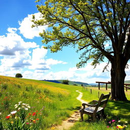 A serene landscape featuring a picturesque, sunny meadow with vibrant wildflowers in full bloom