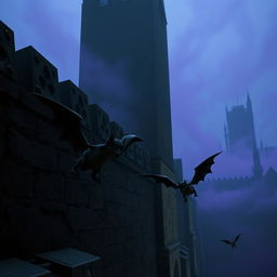 A scene featuring small gargoyles flying near a giant stone wall, with a dark tower and an intricate castle visible in the distant background