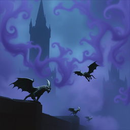 A scene featuring small gargoyles flying near a giant stone wall, with a dark tower and an intricate castle visible in the distant background