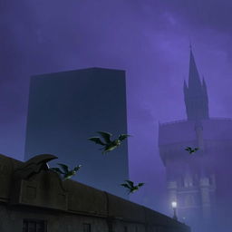 A scene featuring small gargoyles flying near a giant stone wall, with a dark tower and an intricate castle visible in the distant background