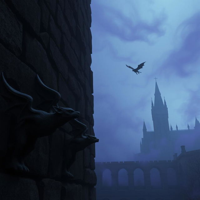 A scene featuring small gargoyles flying near a giant stone wall, with a dark tower and an intricate castle visible in the distant background