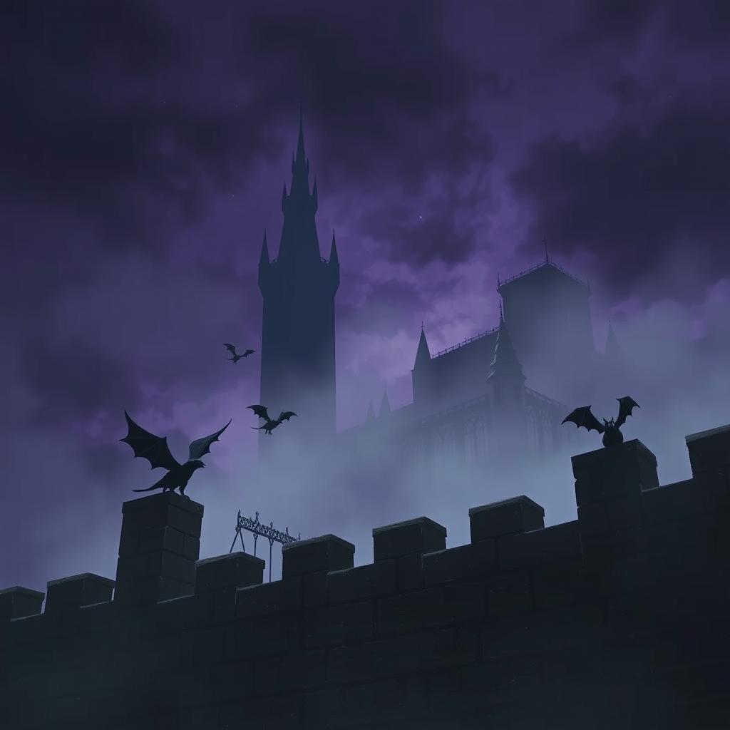 A dark and atmospheric scene featuring small gargoyles soaring gracefully around a gigantic stone wall