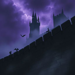 A dark and atmospheric scene featuring small gargoyles soaring gracefully around a gigantic stone wall