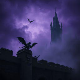 A dark and atmospheric scene featuring small gargoyles soaring gracefully around a gigantic stone wall