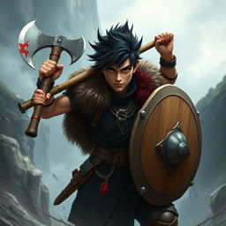 A young human fighter resembling a Viking, wielding a sturdy shield and a battle axe