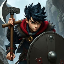 A young human fighter resembling a Viking, wielding a sturdy shield and a battle axe