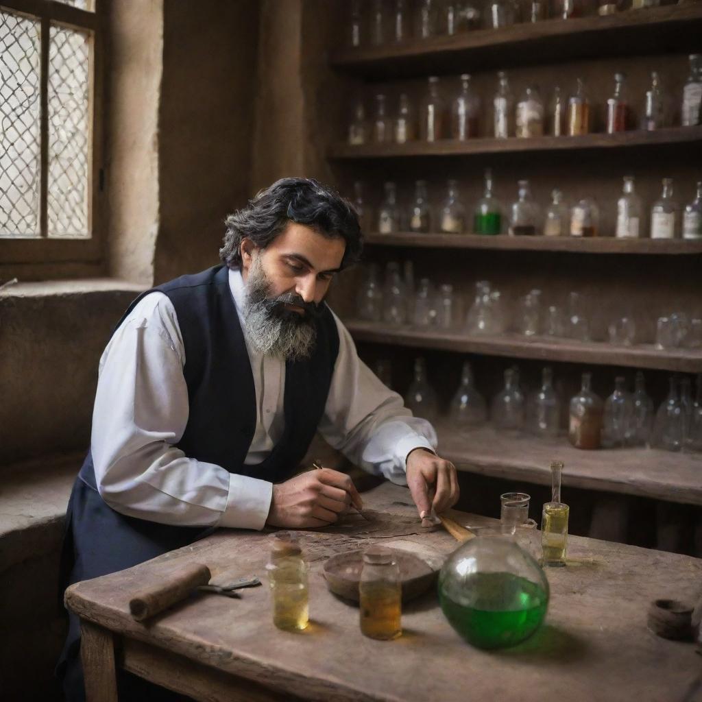 Zakariya Razi, the famous Persian polymath, engrossed in creating alcohol in a medieval laboratory setting with ancient chemistry tools.