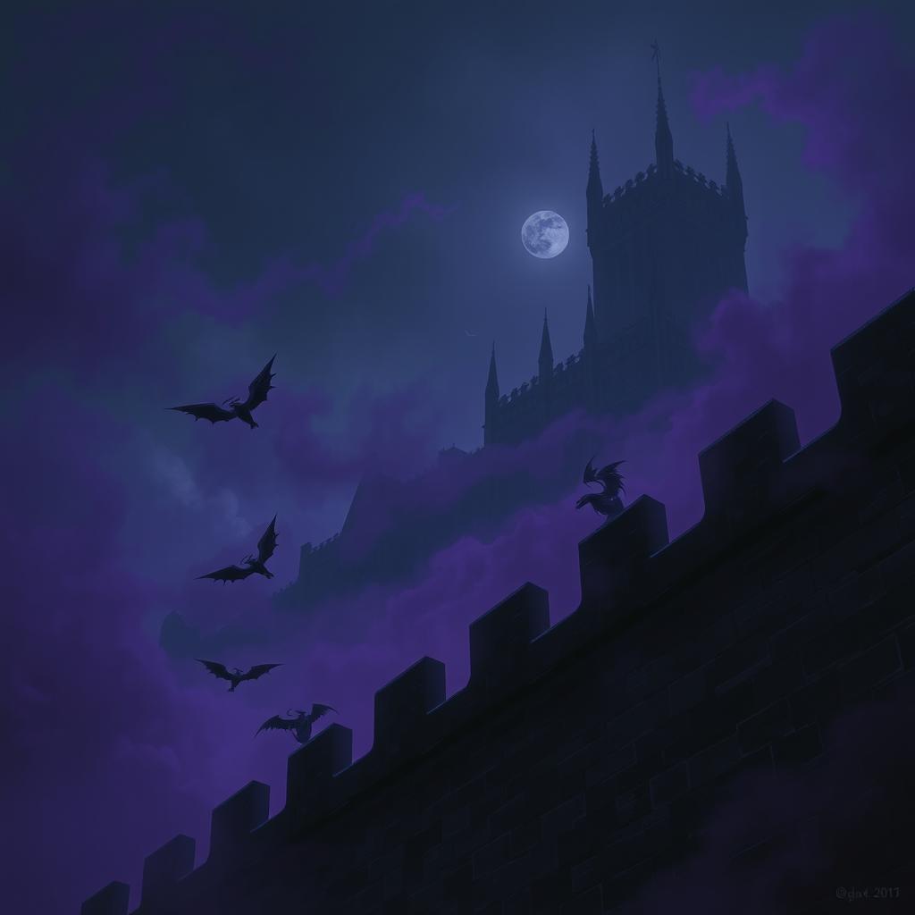 A dark and atmospheric scene showcasing small gargoyles deftly flying around a massive stone wall