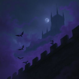 A dark and atmospheric scene showcasing small gargoyles deftly flying around a massive stone wall