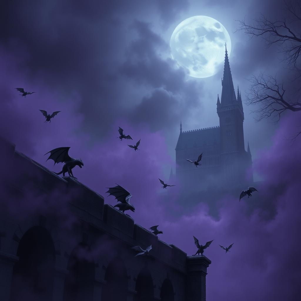 A dark and atmospheric scene showcasing small gargoyles deftly flying around a massive stone wall