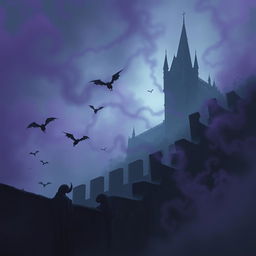 A dark and atmospheric scene showcasing small gargoyles deftly flying around a massive stone wall