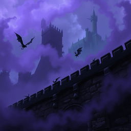 A dark and atmospheric scene showcasing small gargoyles deftly flying around a massive stone wall