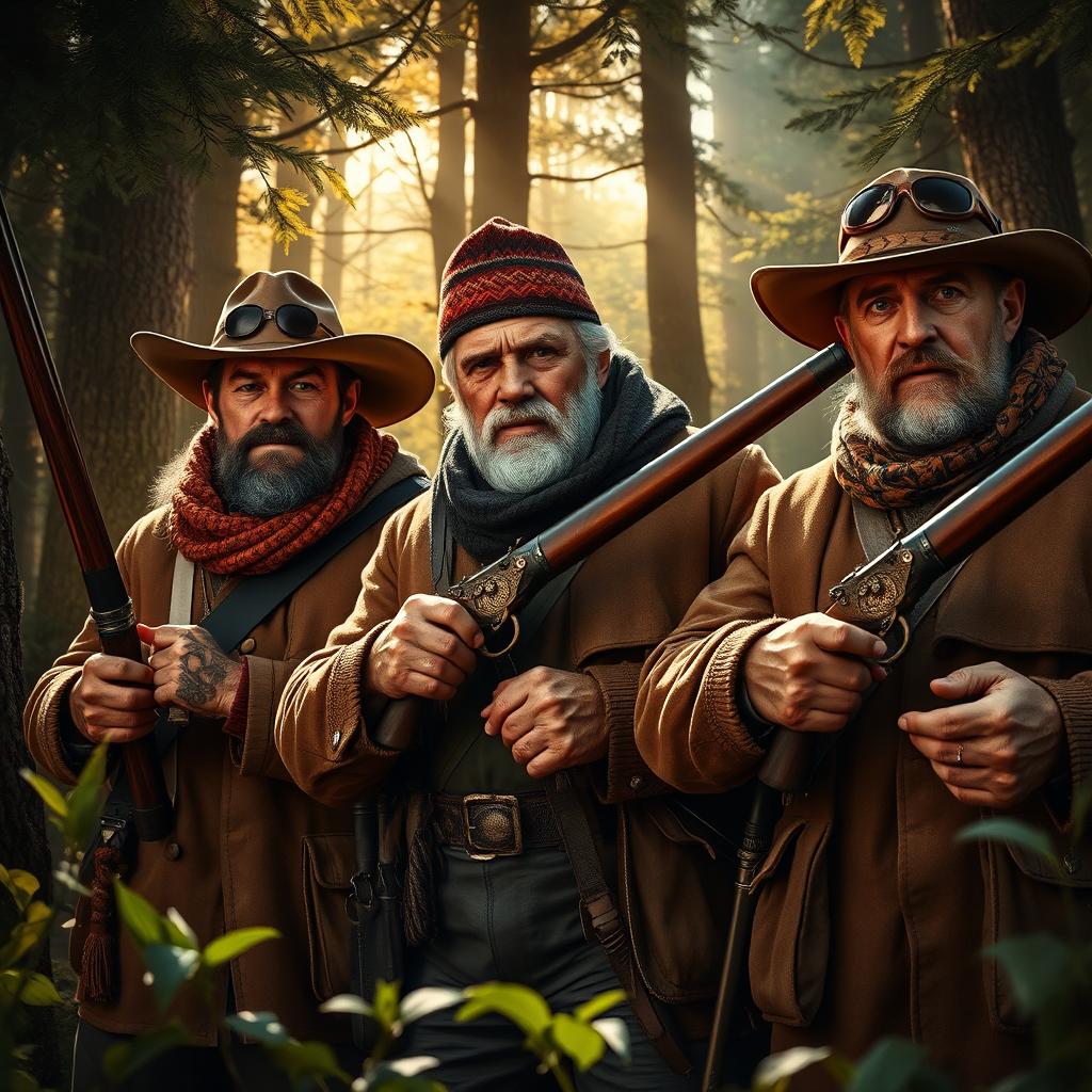 Three realistic hunters in a vivid and dramatic forest setting, dressed in detailed hunting attire, showcasing an intense focus