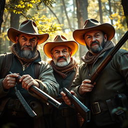 Three realistic hunters in a vivid and dramatic forest setting, dressed in detailed hunting attire, showcasing an intense focus