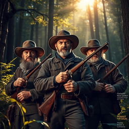 Three realistic hunters in a vivid and dramatic forest setting, dressed in detailed hunting attire, showcasing an intense focus