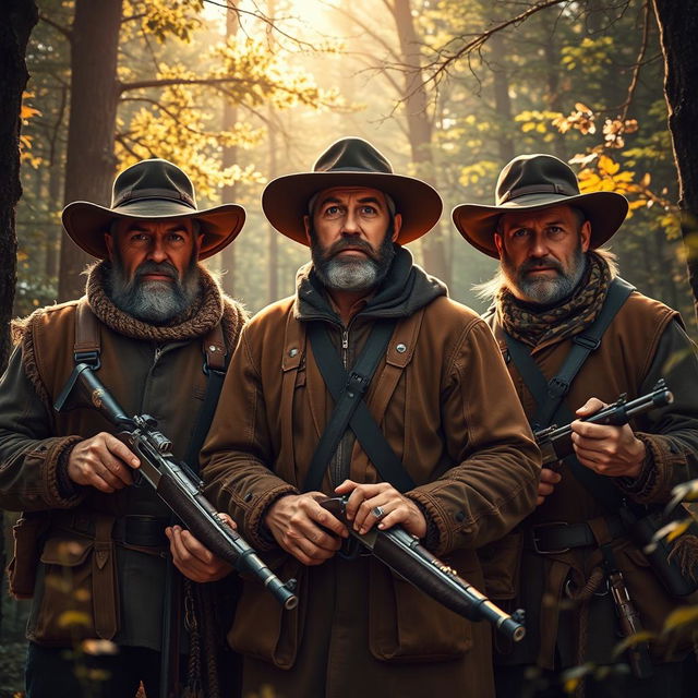 Three realistic hunters in a vivid and dramatic forest setting, dressed in detailed hunting attire, showcasing an intense focus