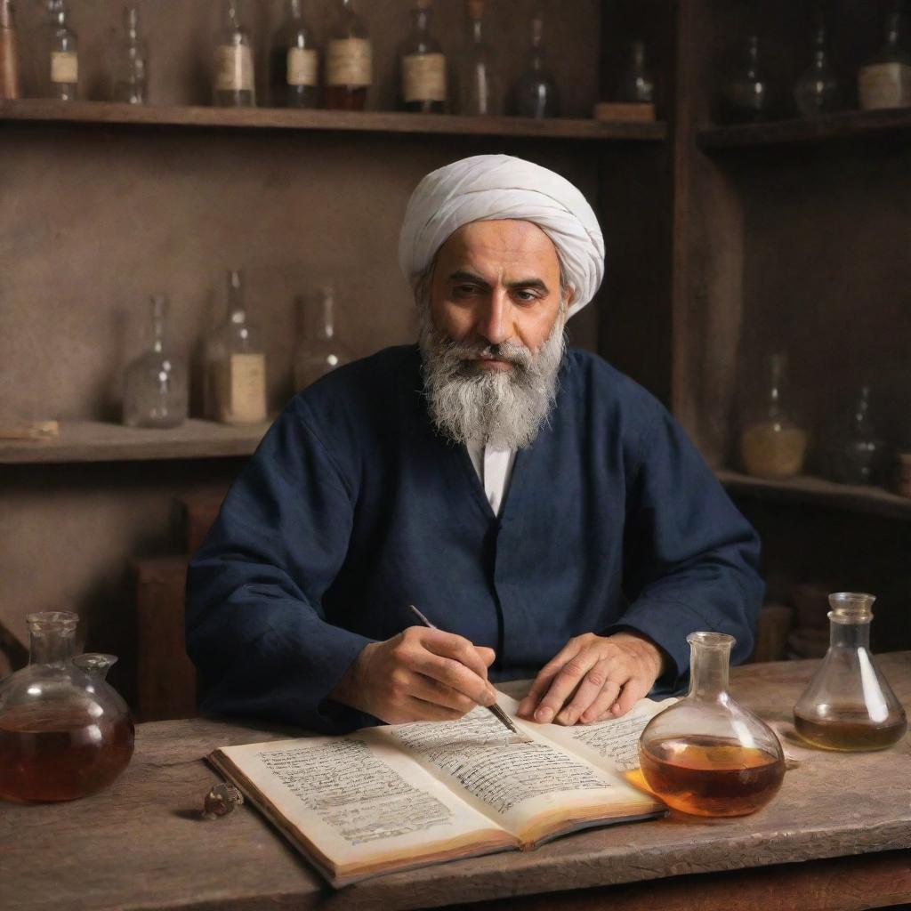 Zakariya Razi, the famous Persian polymath, engrossed in creating alcohol in a medieval laboratory setting with ancient chemistry tools.