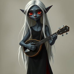 A dark bluish-gray skinned elf with long white hair and striking red eyes, holding a small mandolin