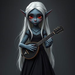 A dark bluish-gray skinned elf with long white hair and striking red eyes, holding a small mandolin