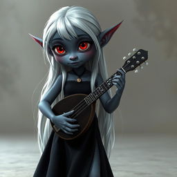 A dark bluish-gray skinned elf with long white hair and striking red eyes, holding a small mandolin