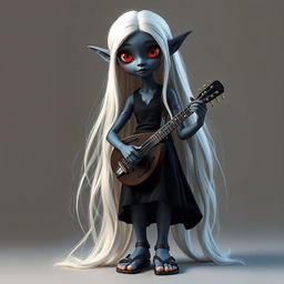 A dark bluish-gray skinned elf with long white hair and striking red eyes, holding a small mandolin