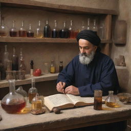 Zakariya Razi, the famous Persian polymath, engrossed in creating alcohol in a medieval laboratory setting with ancient chemistry tools.